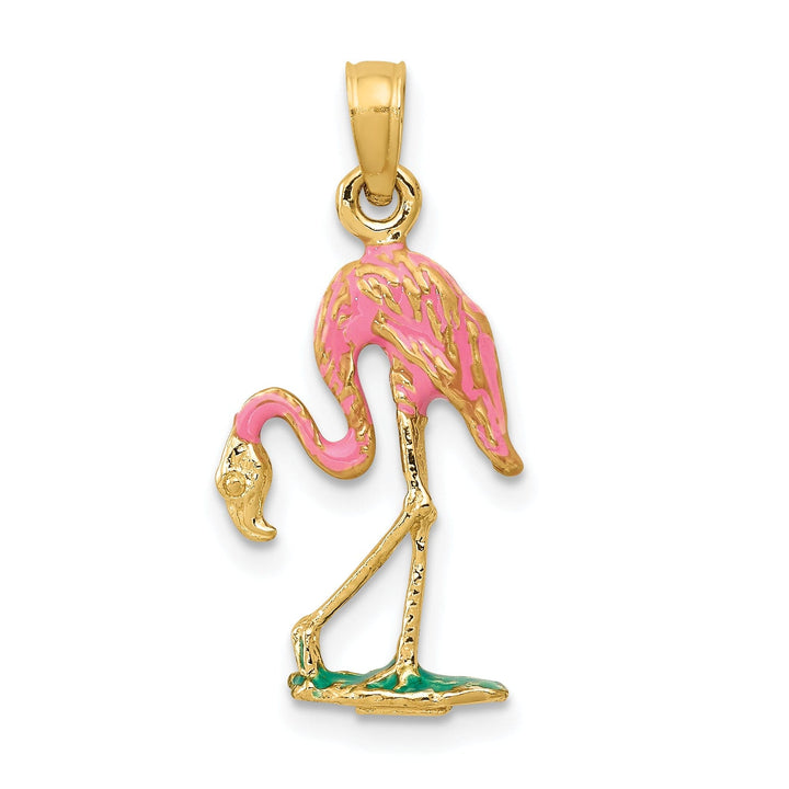 14k Yellow Gold Solid Polished with Pink, Green Enameled Finish Flamingo Charm Pendant