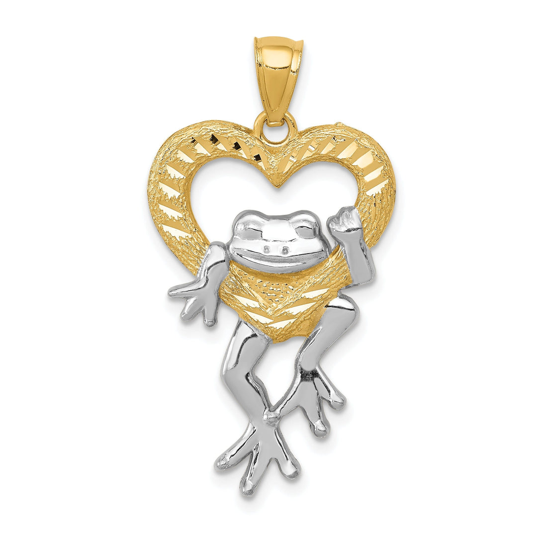 14k Yellow Gold White Rhodium Solid Diamond Cut Finish Frog in Heart Design Charm Pendant
