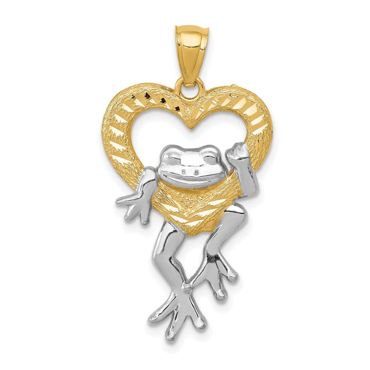 14k Yellow Gold White Rhodium Solid Diamond Cut Finish Frog in Heart Design Charm Pendant