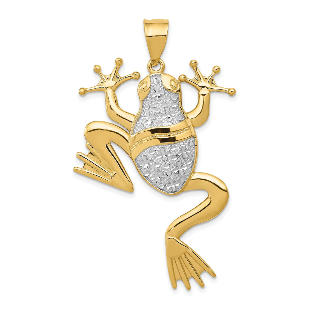 14k Yellow Gold White Rhodium Solid Diamond Cut Finish Frog Charm Pendant