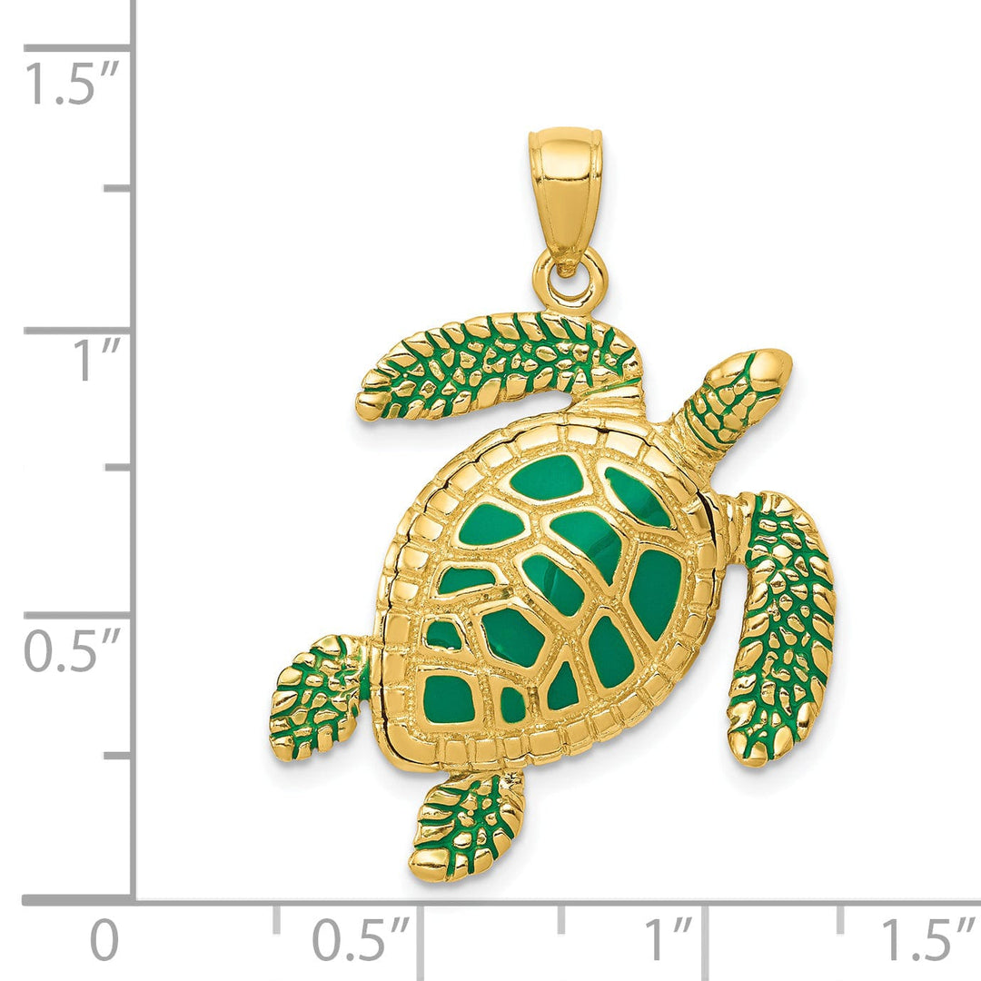 14k Yellow Gold 3D Solid Casted Textured and Polished Finish Enameled Sea Turtle Charm Pendant