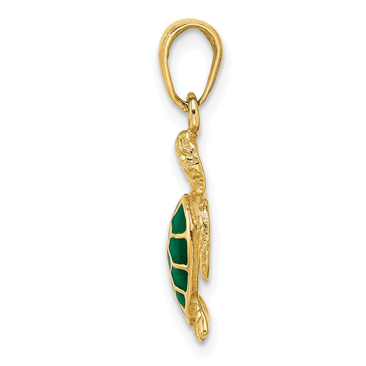 14k Yellow Gold Semi Solid Polished Textured Finish Green Enameled Sea Turtle Pendant