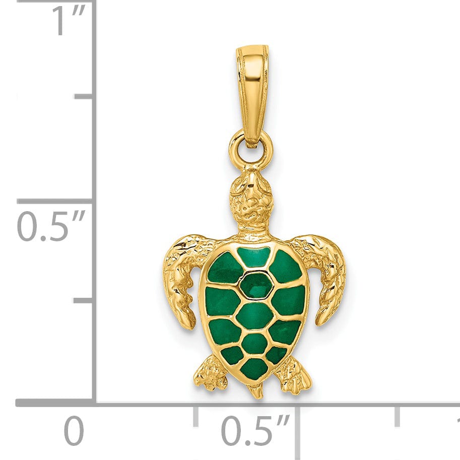 14k Yellow Gold Semi Solid Polished Textured Finish Green Enameled Sea Turtle Pendant