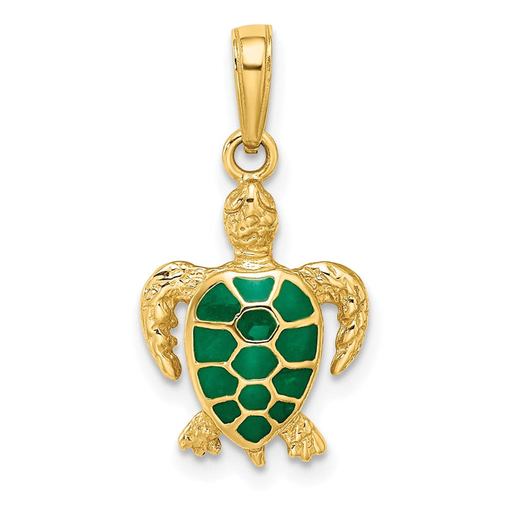 14k Yellow Gold Semi Solid Polished Textured Finish Green Enameled Sea Turtle Pendant