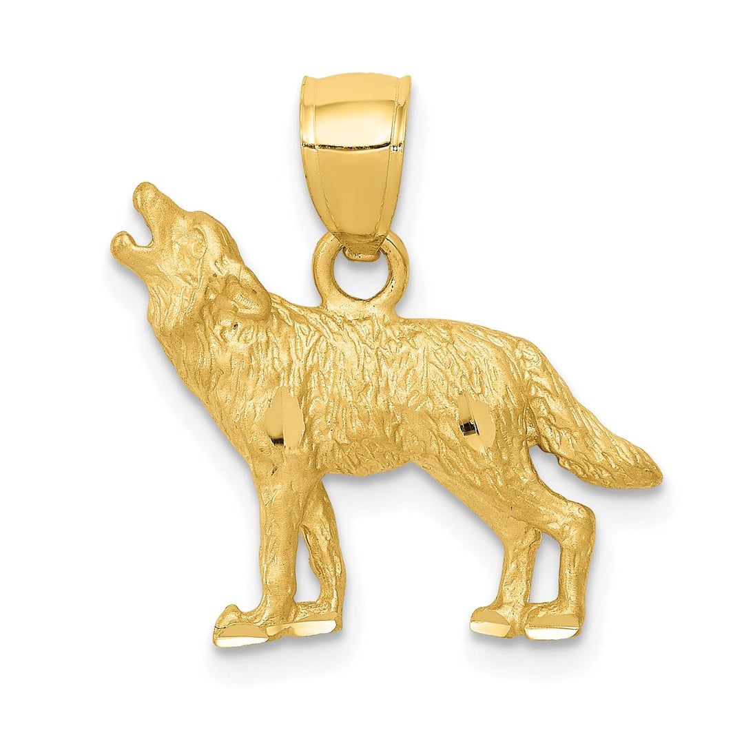14K Yellow Gold Solid Textured Diamond Cut Finish Wolf Howling Design Charm Pendant