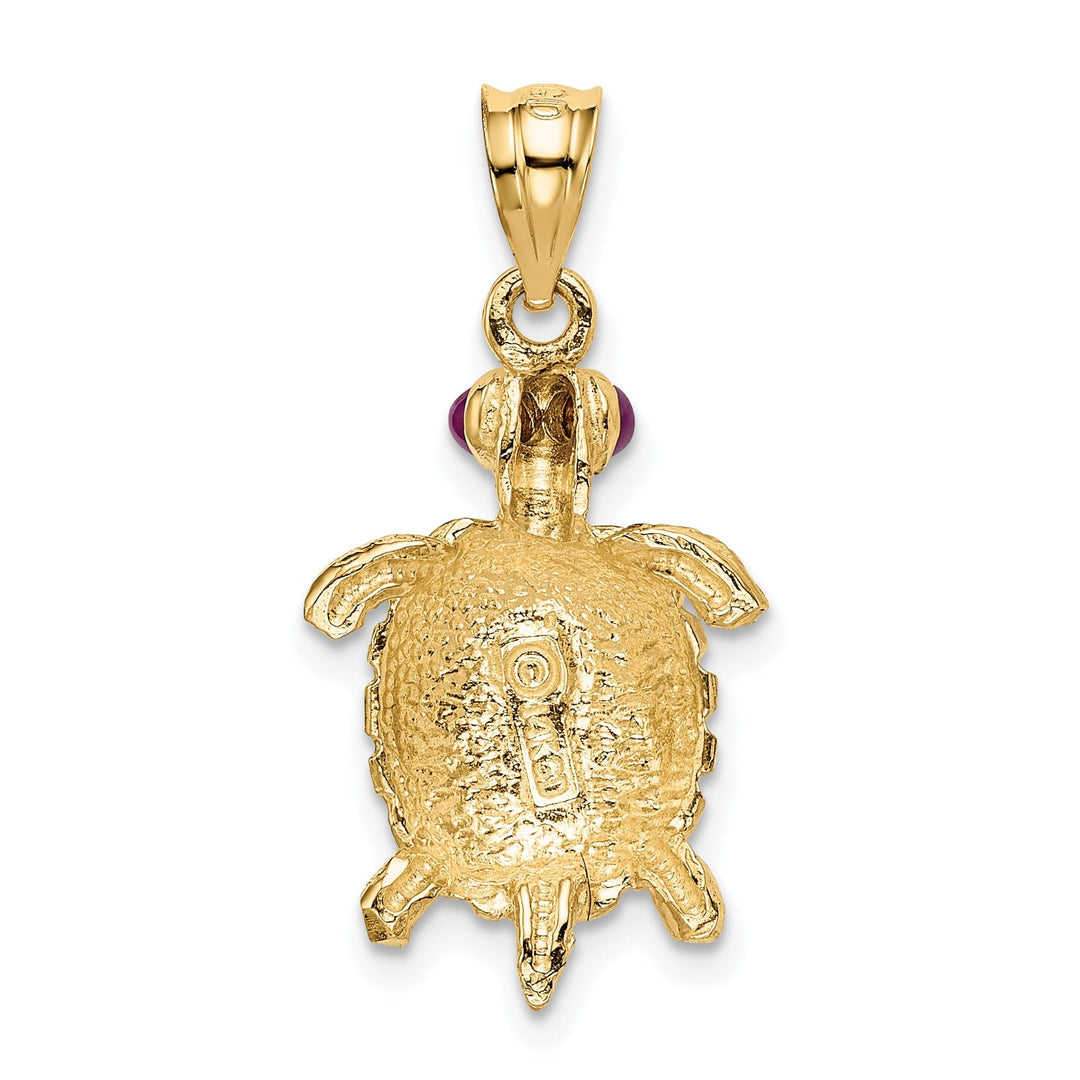 14k Yellow Gold Solid Textured Casted Polished Finish Turtle with Ruby Eyes Charm Pendant