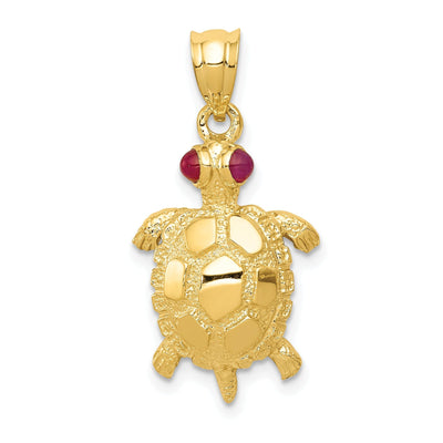 14k Yellow Gold Solid Textured Casted Polished Finish Turtle with Ruby Eyes Charm Pendant