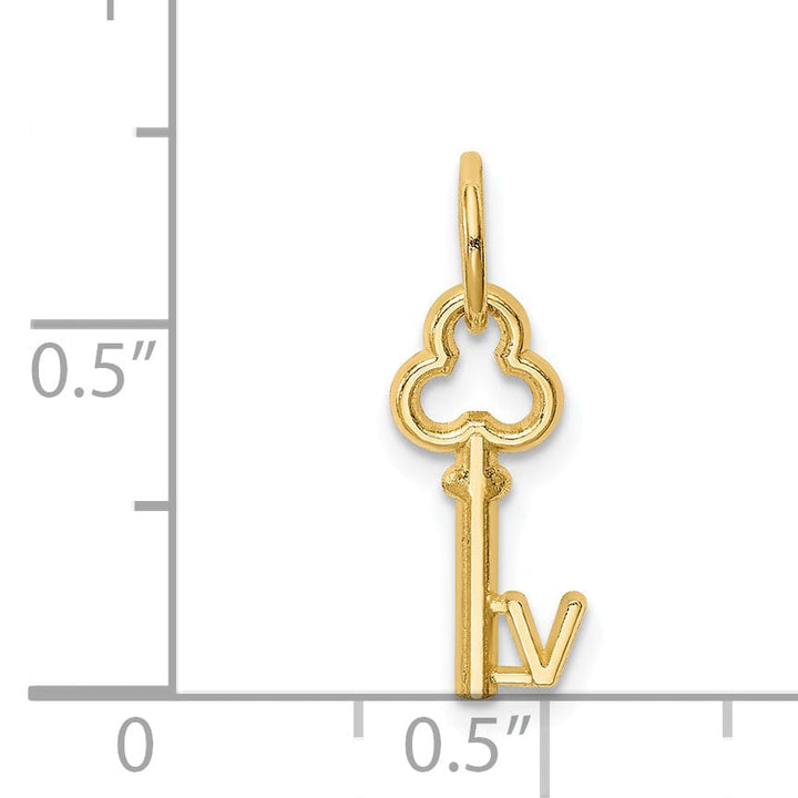 14K Yellow Gold Fancy Key Shape Design Letter V Initial Charm Pendant