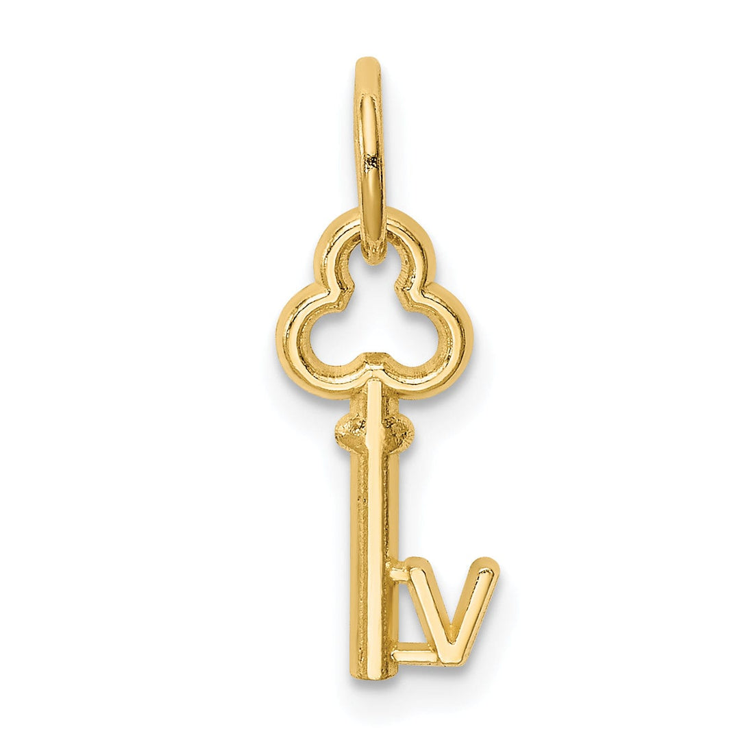 14K Yellow Gold Fancy Key Shape Design Letter V Initial Charm Pendant