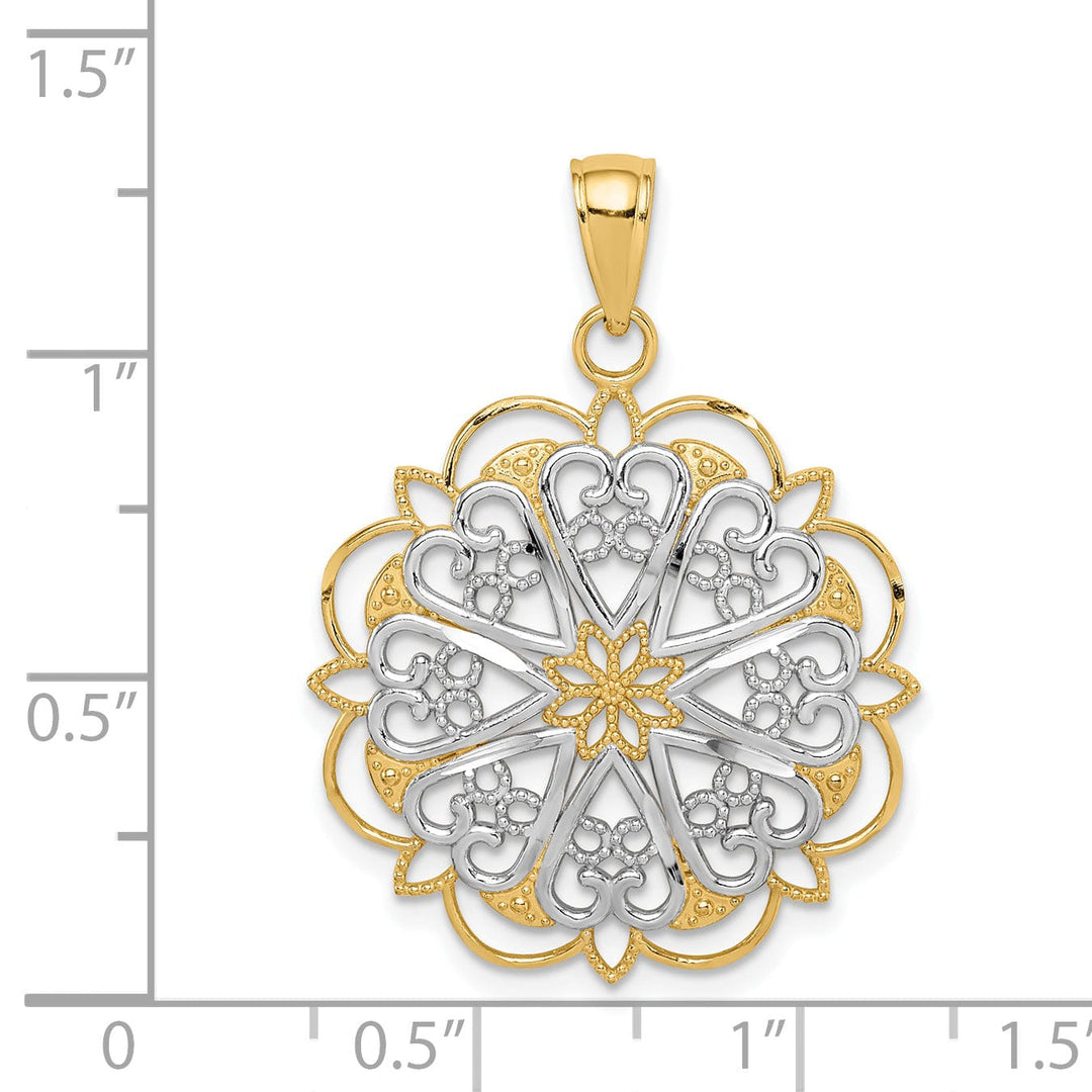 14K Yellow Gold Solid Filigree Hearts with Scalloped Edge Fancy Design Round Pendant