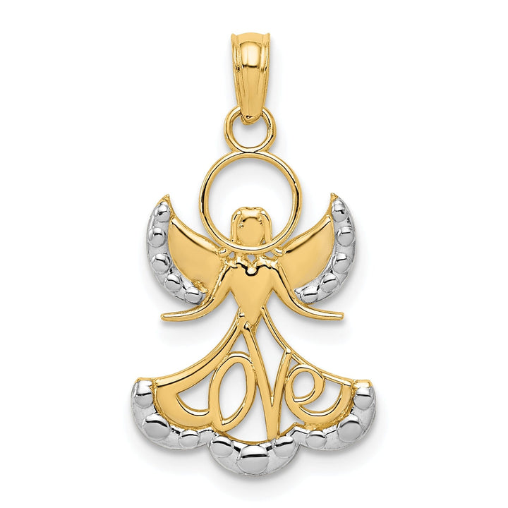14K Yellow Gold White Rhodium Polish Finish Concave LOVE Angel Pendant