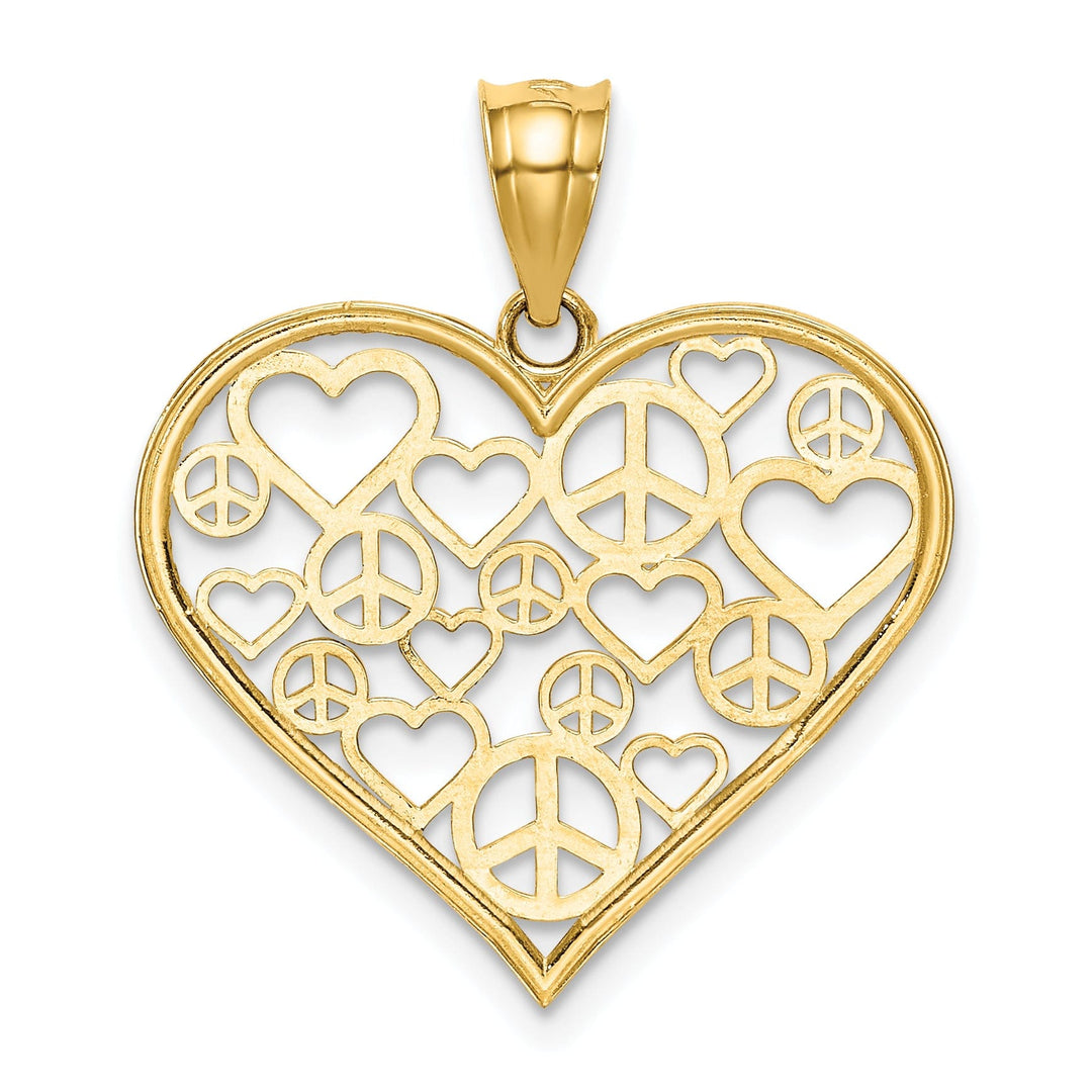 14k Yellow Gold Heart with Peace Signs Pendant