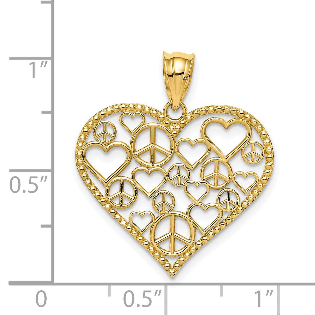 14k Yellow Gold Heart with Peace Signs Pendant