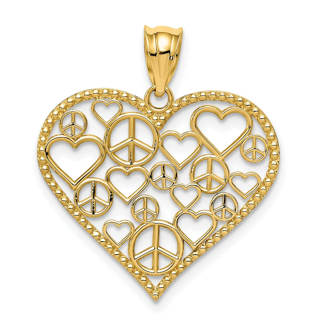 14k Yellow Gold Heart with Peace Signs Pendant