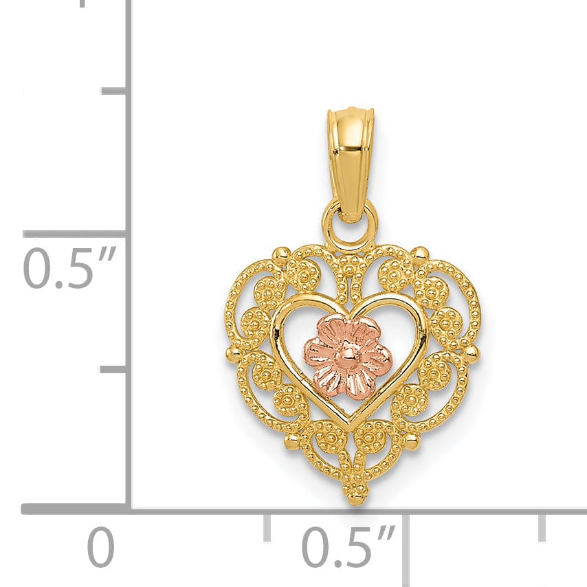 14K Two Tone Gold Rose Heart Pendant