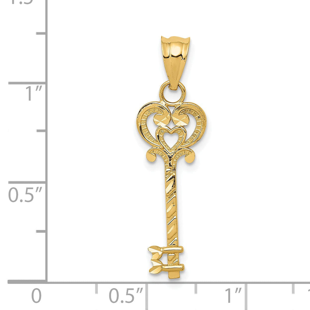14k Yellow Gold Solid Key with Heart Design Charm Pendant
