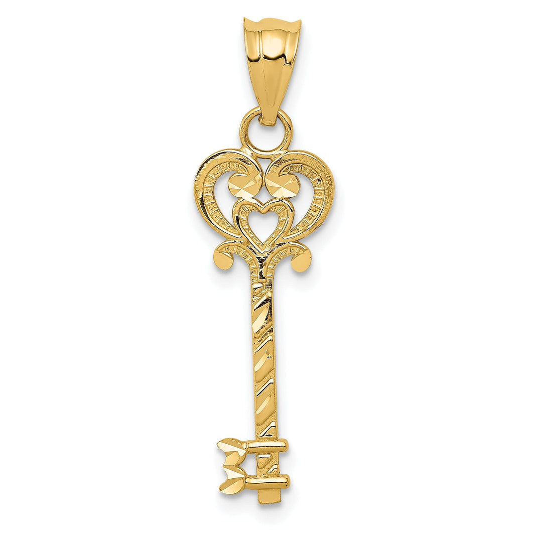 14k Yellow Gold Solid Key with Heart Design Charm Pendant