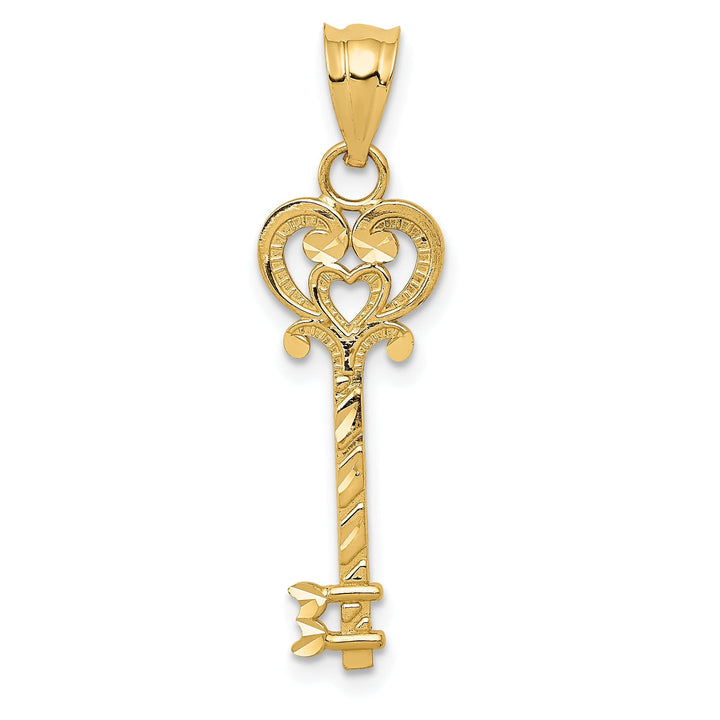 14k Yellow Gold Solid Key with Heart Design Charm Pendant