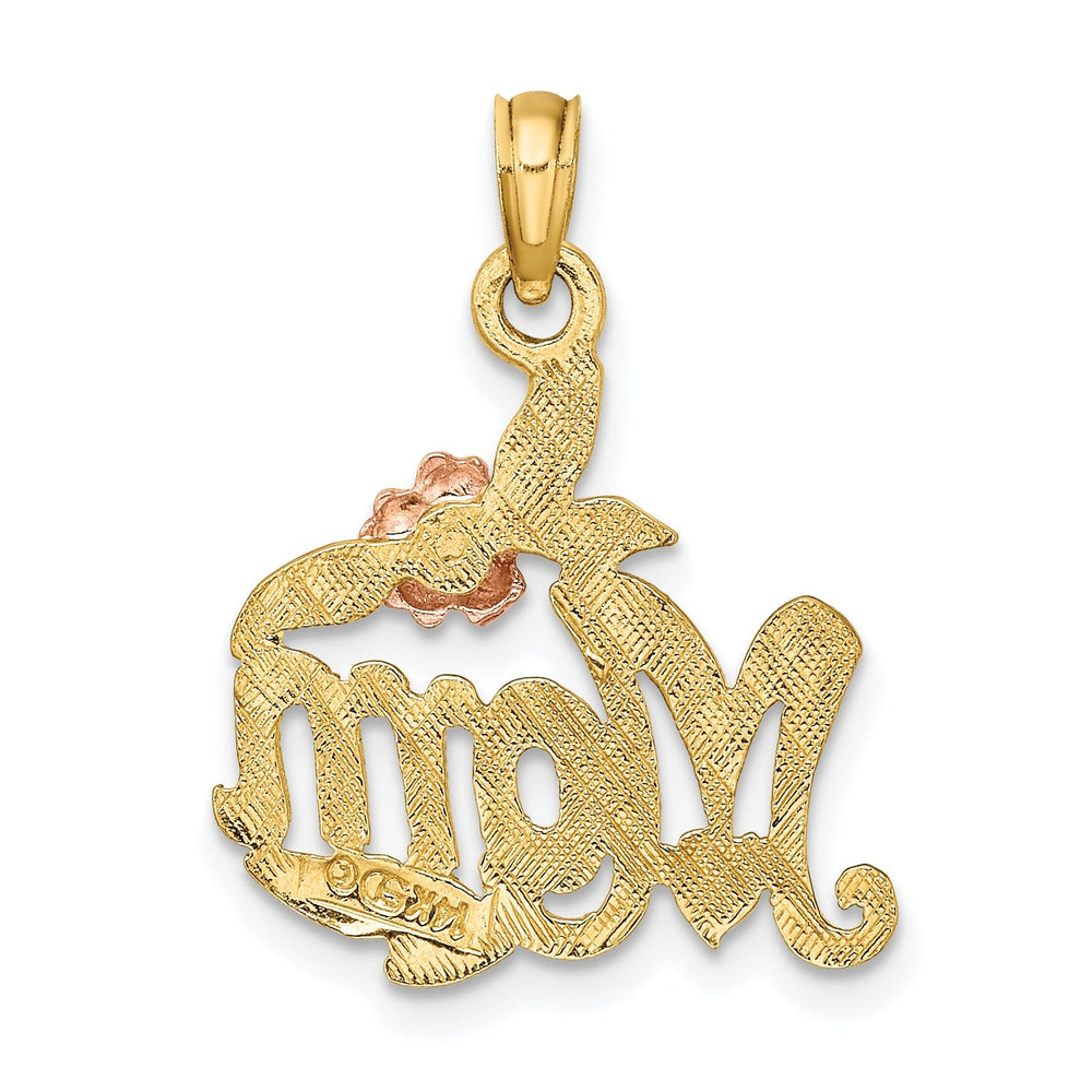 14K Two Tone Gold Textured Polished Finish MOM with Flower and Leaf Design Charm Pendant