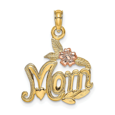 14K Two Tone Gold Textured Polished Finish MOM with Flower and Leaf Design Charm Pendant