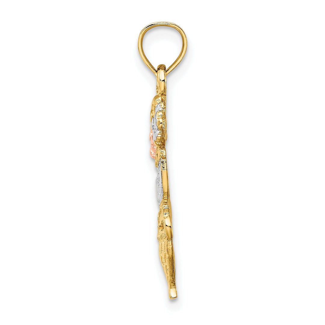 14K Two Tone Gold, White Rhodium #1 MOM Flower Basket Design Charm Pendant