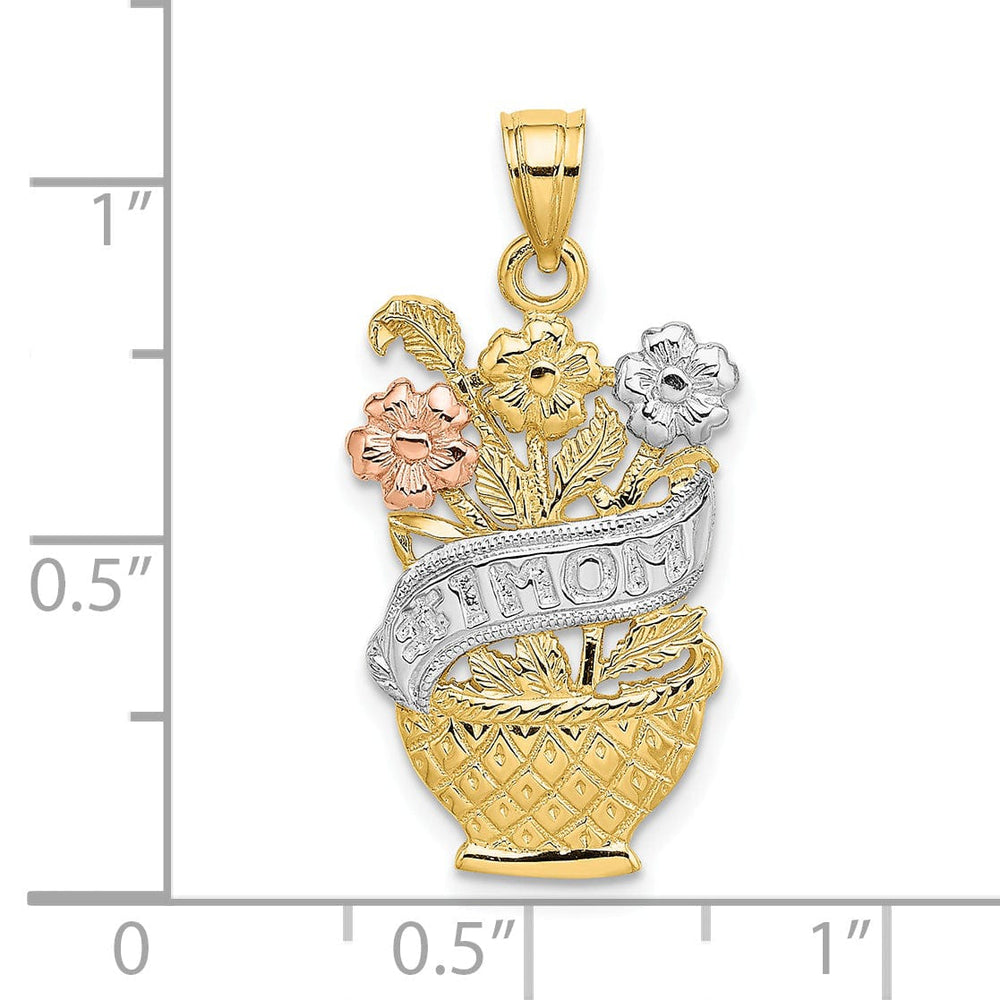 14K Two Tone Gold, White Rhodium #1 MOM Flower Basket Design Charm Pendant