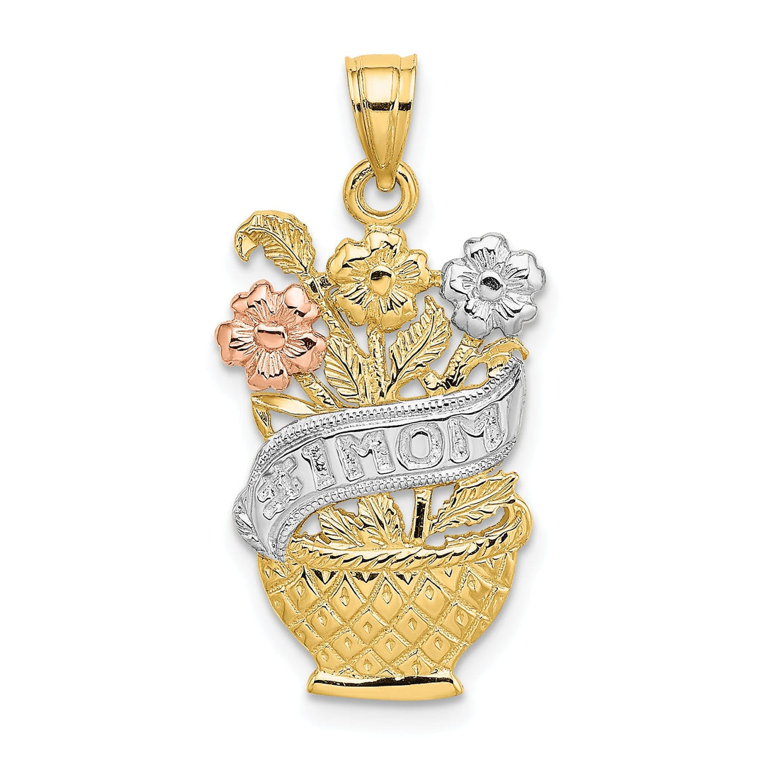 14K Two Tone Gold, White Rhodium #1 MOM Flower Basket Design Charm Pendant