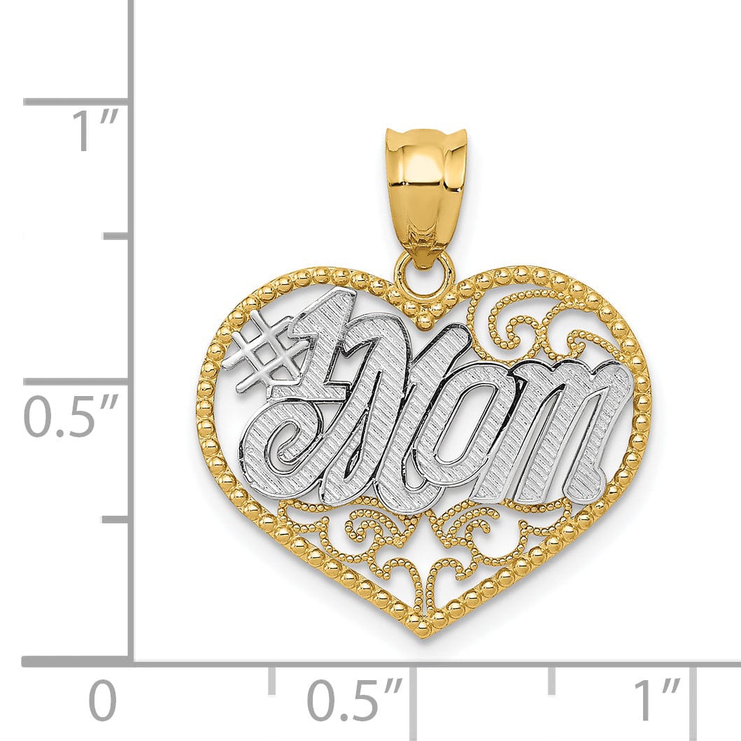 14k Two Tone Gold Filigree #1 Mom Heart Pendant