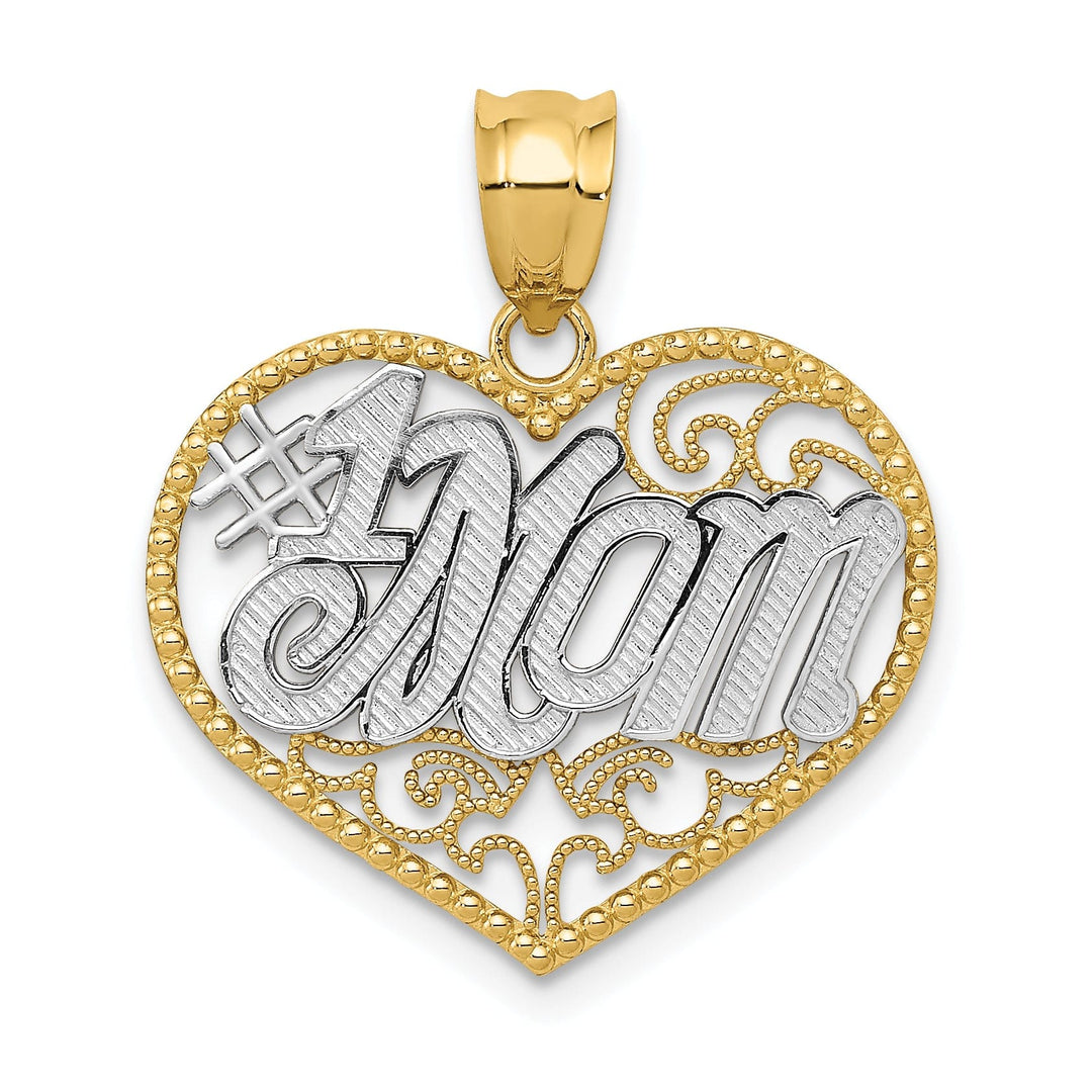 14k Two Tone Gold Filigree #1 Mom Heart Pendant
