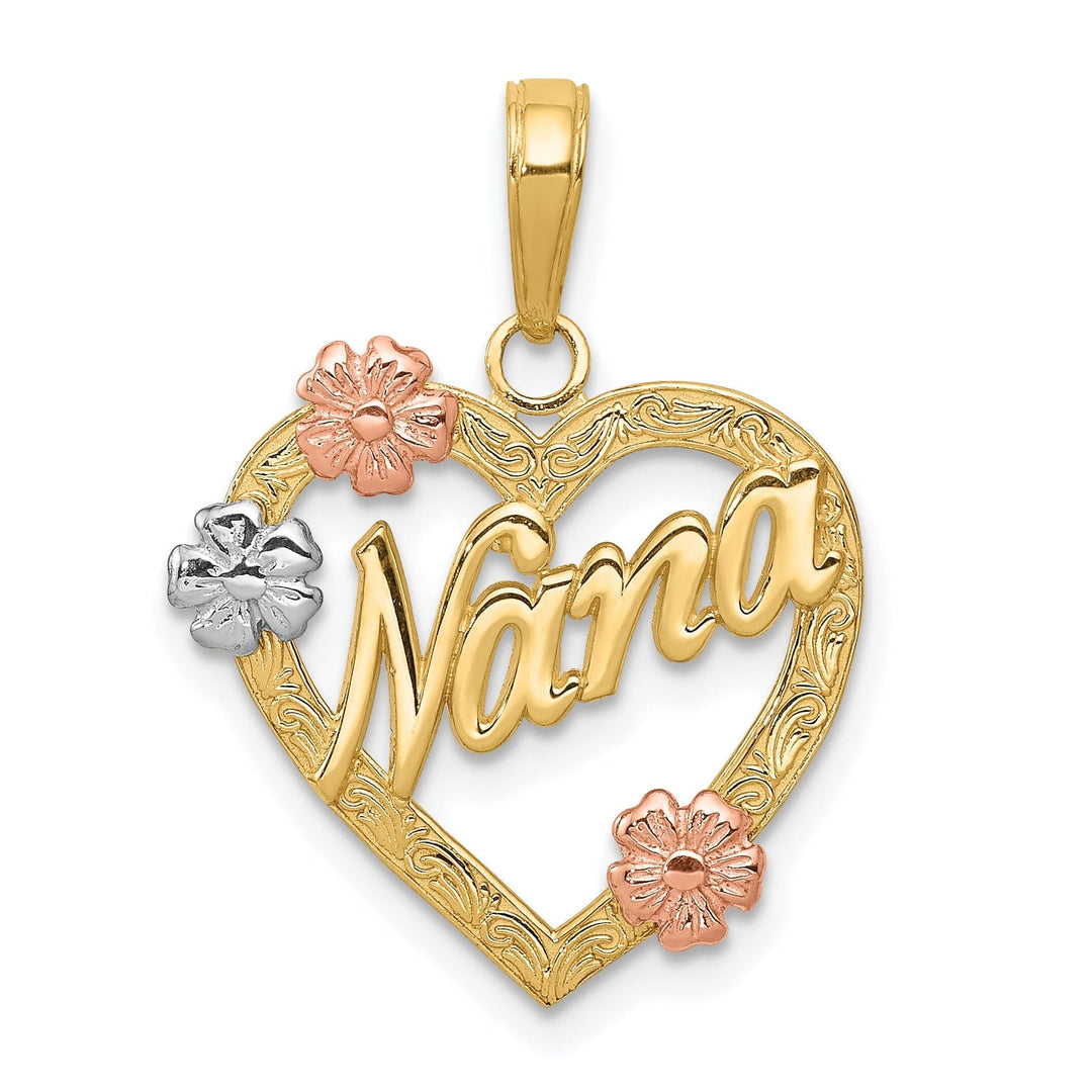 14K Tri Color Gold Polished Finish NANA in Heart Shape Flowers Design Charm Pendant