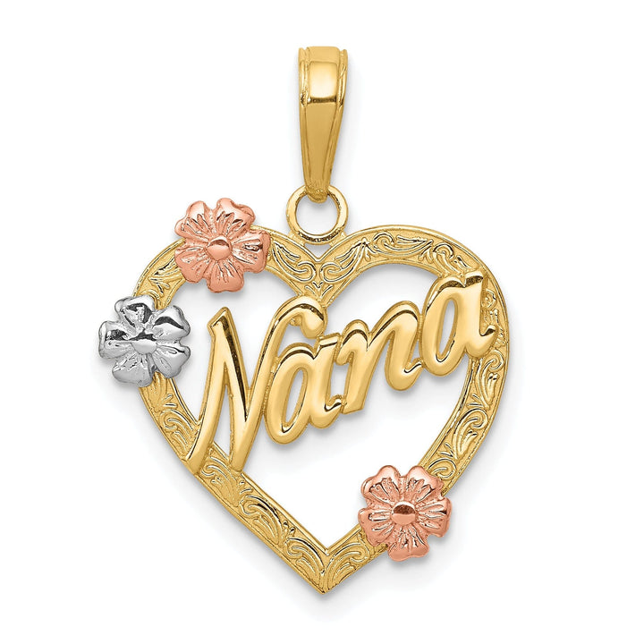 14K Tri Color Gold Polished Finish NANA in Heart Shape Flowers Design Charm Pendant