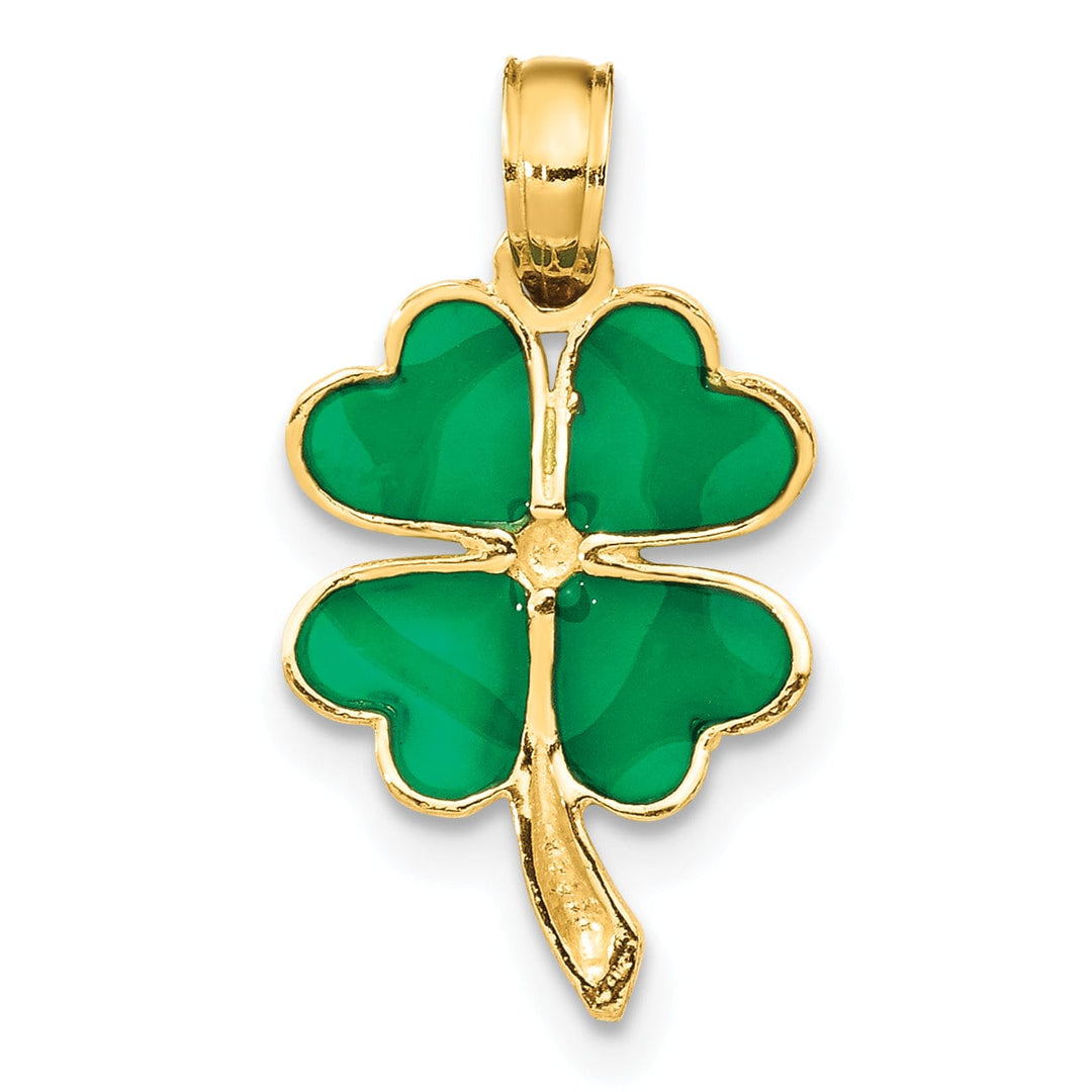 14k Yellow Gold Solid Open Back Solid Polished Green Enameled Finish 4-leaf Clover Charm Pendant