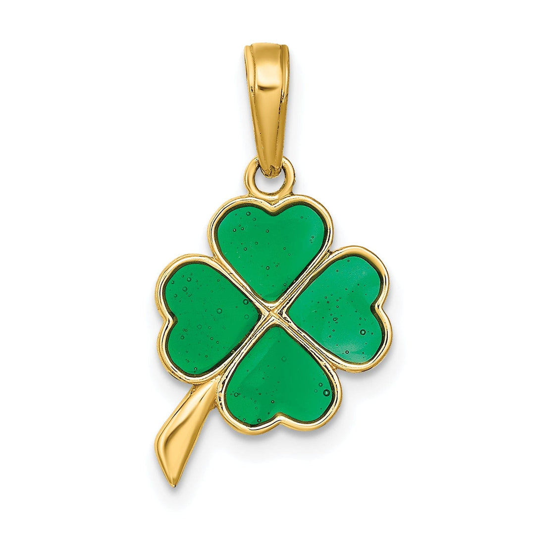 14k Yellow Gold Solid Open Back Polished Green Enameled Finish 4-leaf Clover Charm Pendant