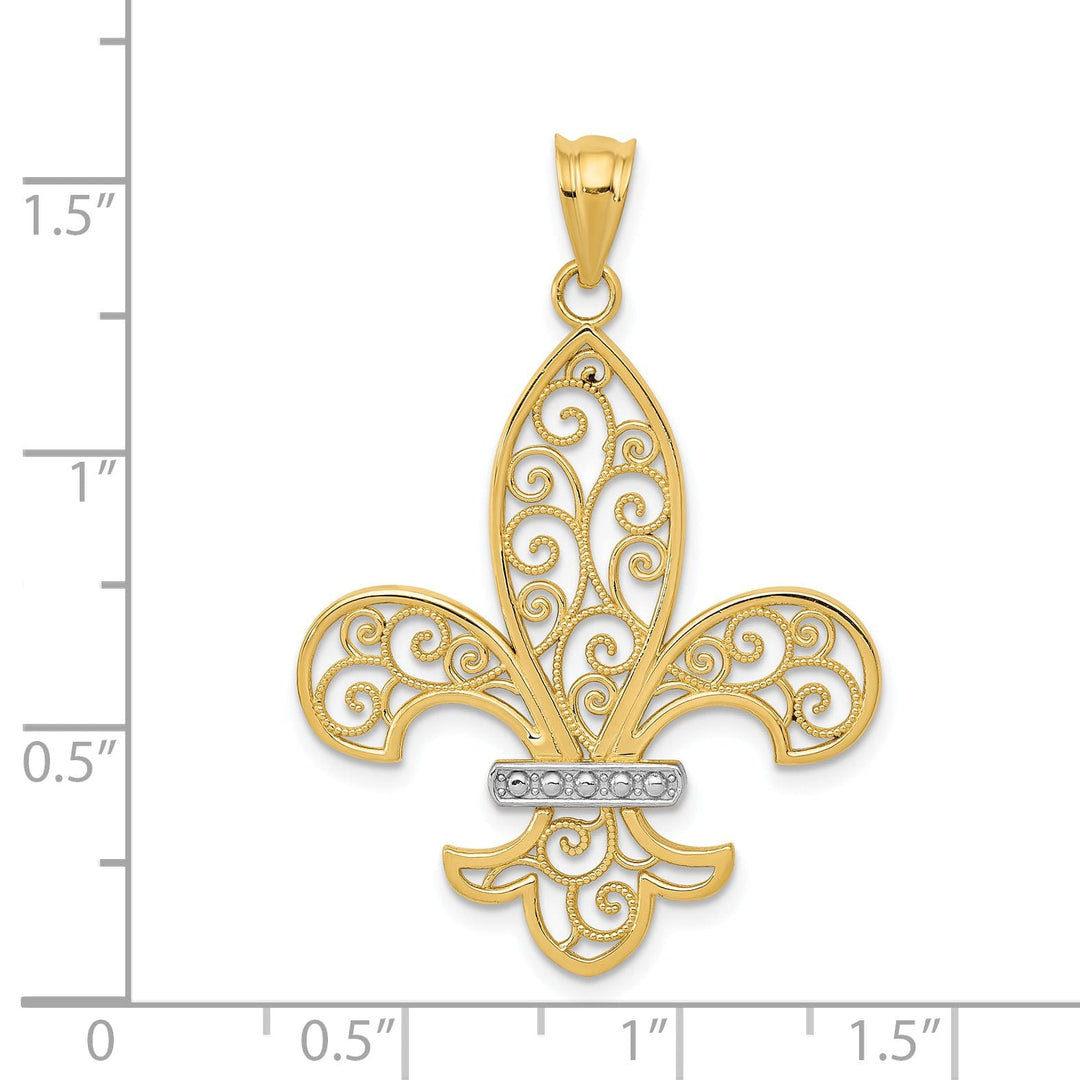 14k Yellow Gold White Rhodium Open Back Polished Finish Solid Mens Filigree Fleur de Lis Design Charm Pendant