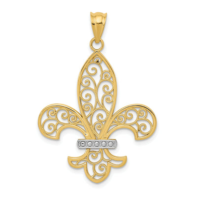 14k Yellow Gold White Rhodium Open Back Polished Finish Solid Mens Filigree Fleur de Lis Design Charm Pendant at $ 211.12 only from Jewelryshopping.com