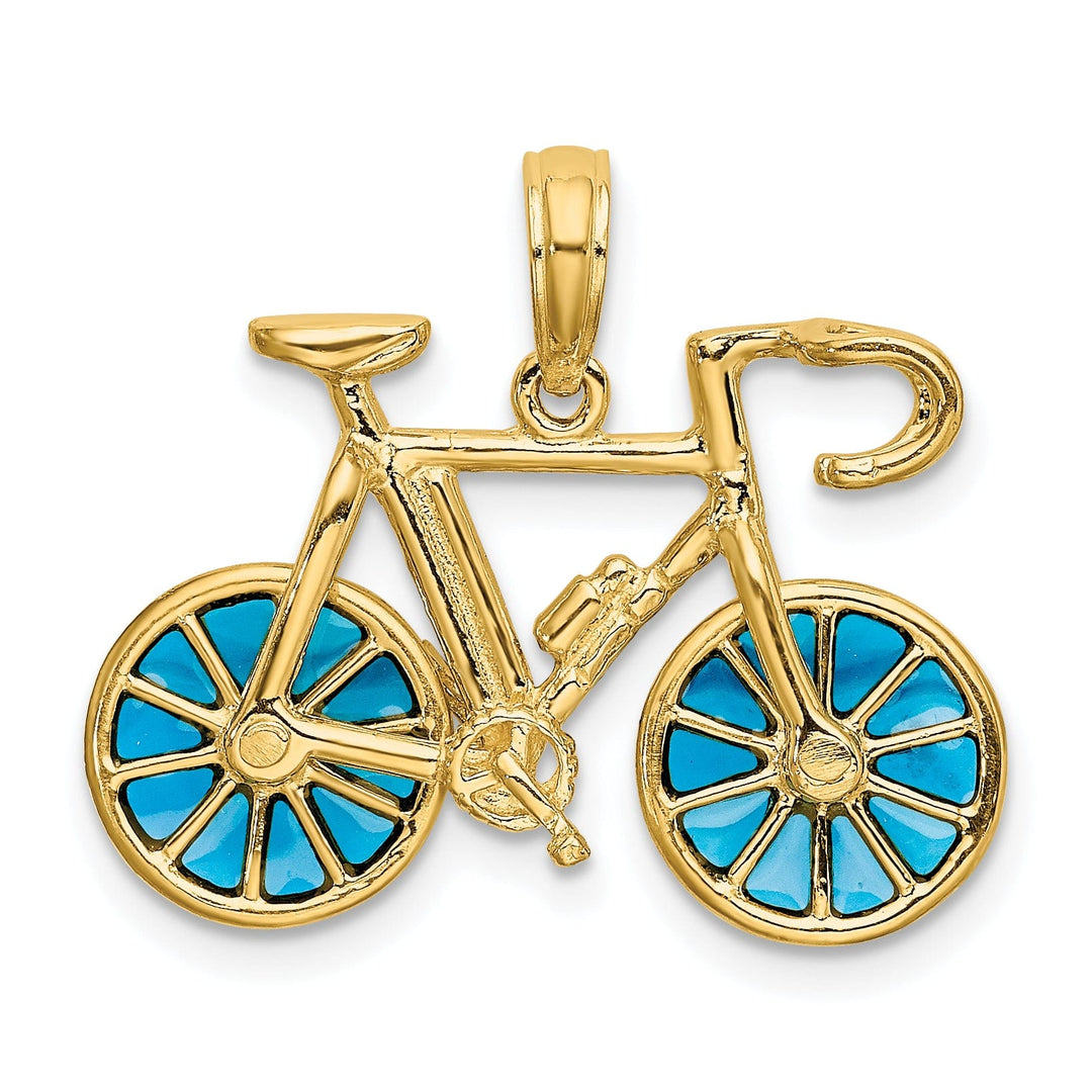 14k Yellow Gold 3-D Blue Acrylic Bicycle Pendant