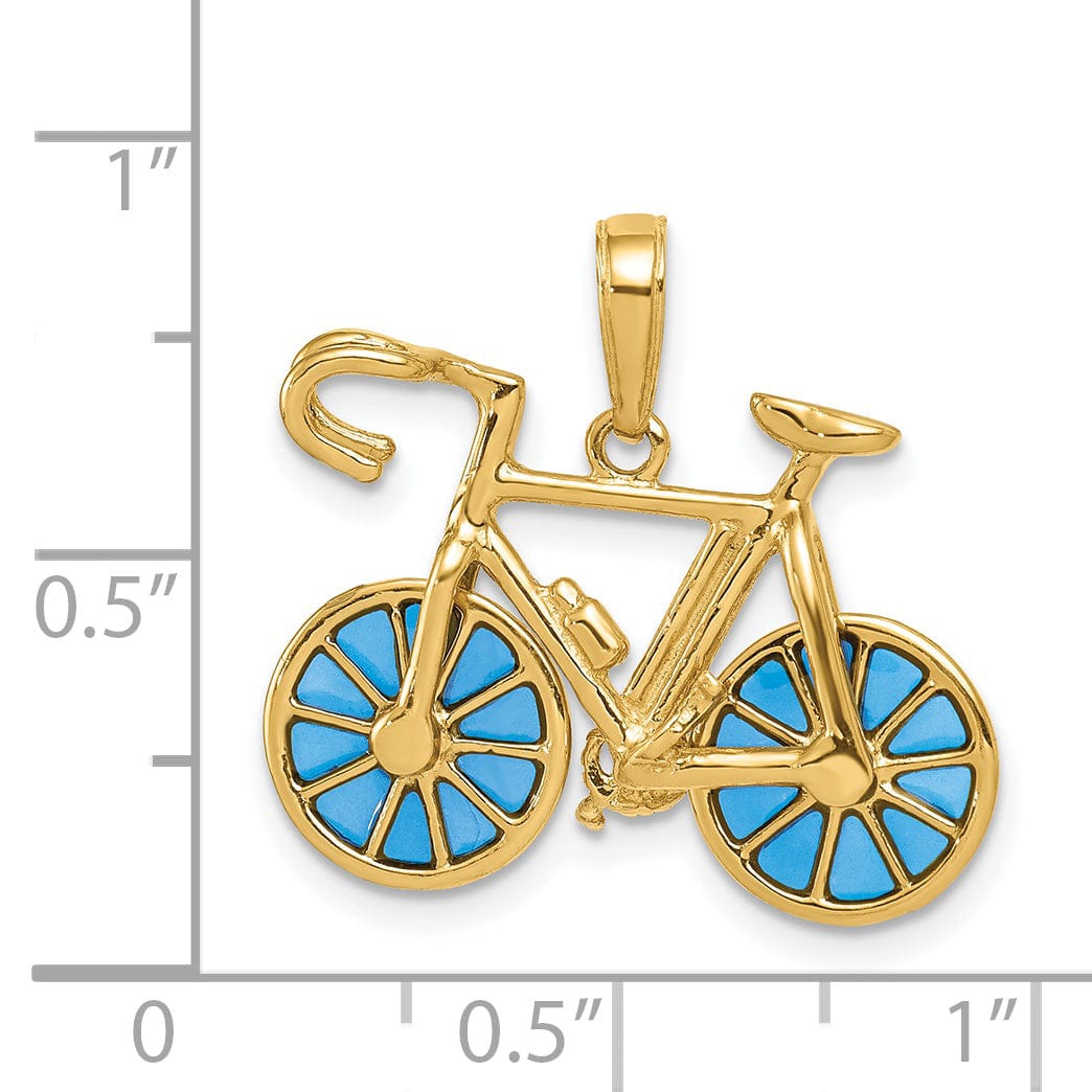 14k Yellow Gold 3-D Blue Acrylic Bicycle Pendant