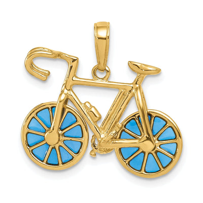 14k Yellow Gold 3-D Blue Acrylic Bicycle Pendant