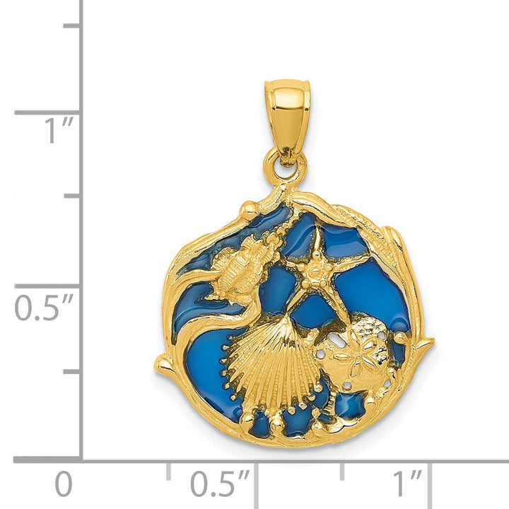 14K Yellow Gold Solid Textured Polished Blue Enameled Finish Ocean Sea Shell Cluster Charm Pendant