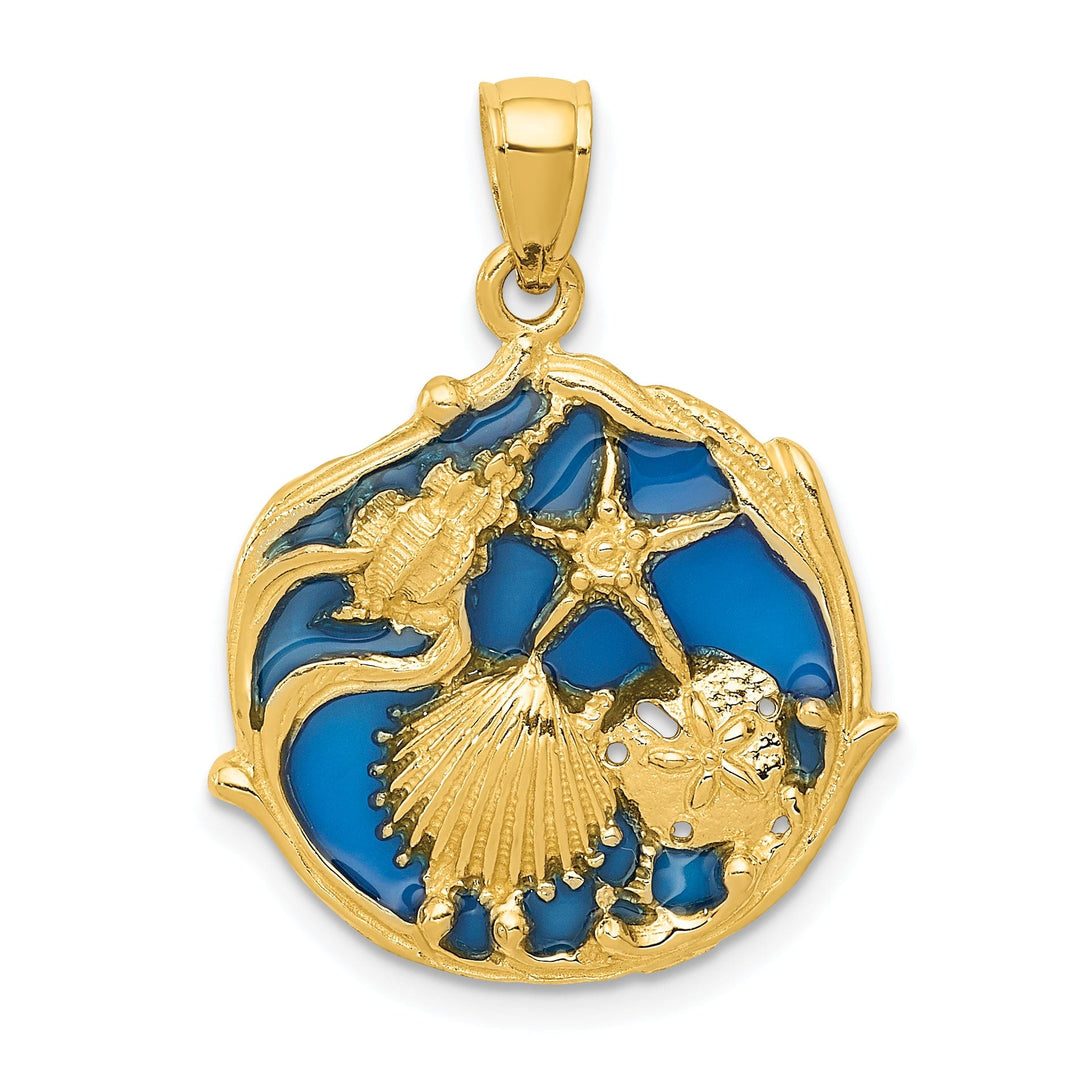 14K Yellow Gold Solid Textured Polished Blue Enameled Finish Ocean Sea Shell Cluster Charm Pendant