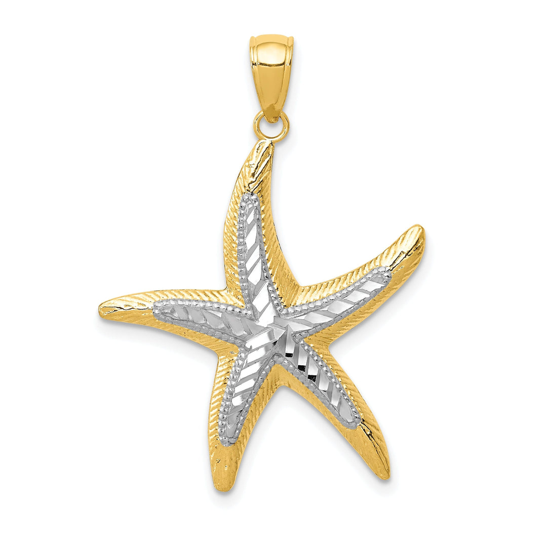 14K Yellow Gold, White Rhodium Solid Diamond Cut Textured Polished Finish Starfish Charm Pendant