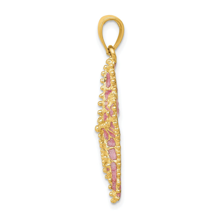 14K Yellow Gold Solid Textured Polished Pink Enameled Finish Starfish Charm Pendant