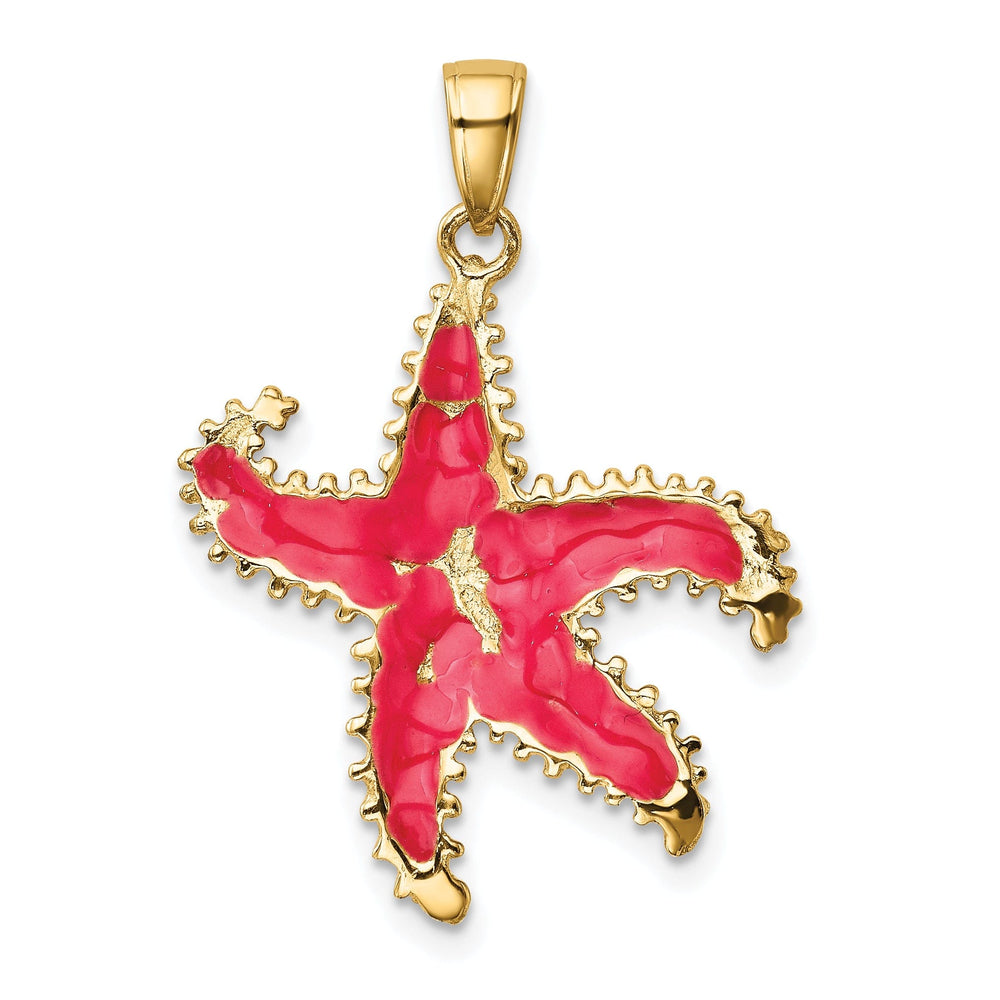 14K Yellow Gold Solid Textured Polished Pink Enameled Finish Starfish Charm Pendant