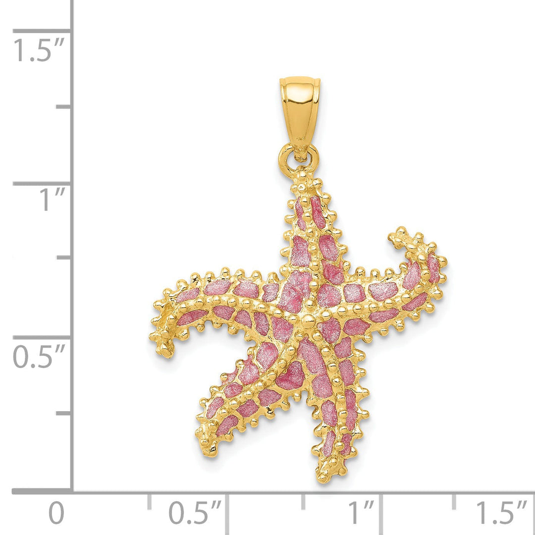 14K Yellow Gold Solid Textured Polished Pink Enameled Finish Starfish Charm Pendant