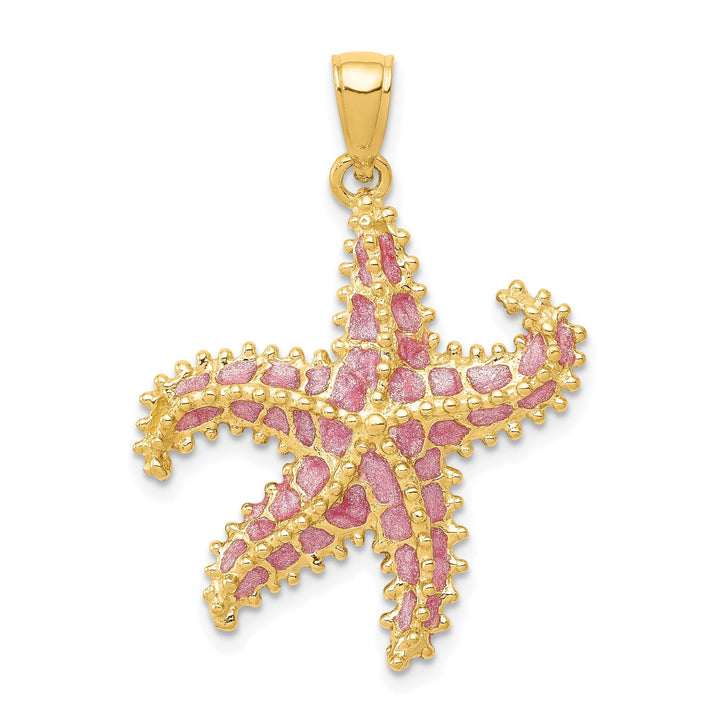 14K Yellow Gold Solid Textured Polished Pink Enameled Finish Starfish Charm Pendant