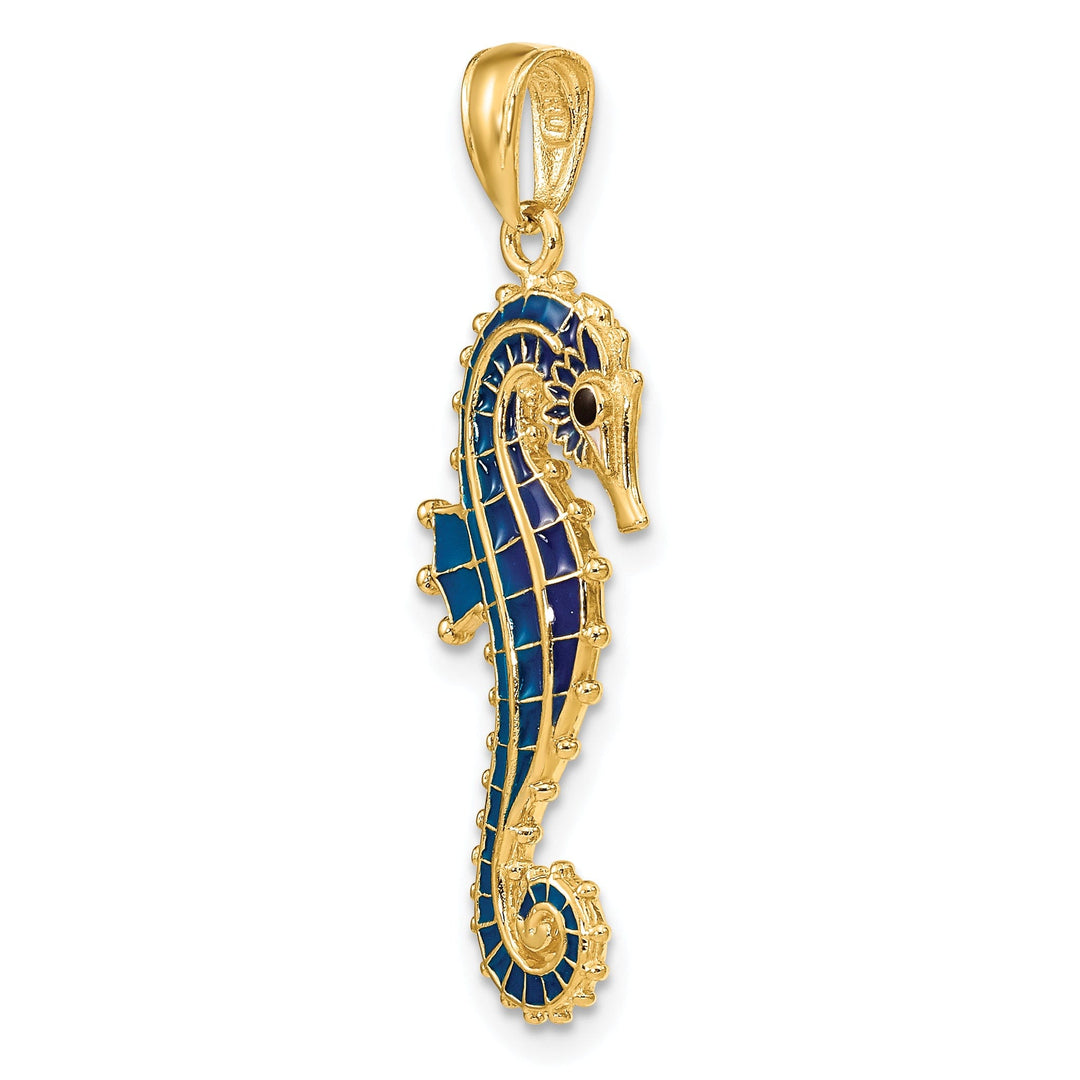 14k Yellow Gold Solid 3-D Texture Polished Blue Enameled Finish Seahorse Pendant