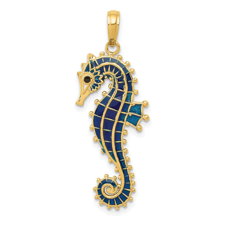 14k Yellow Gold Solid 3-D Texture Polished Blue Enameled Finish Seahorse Pendant