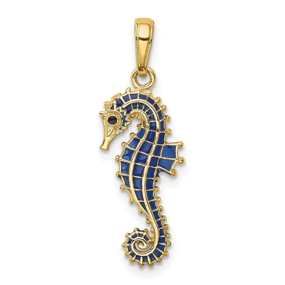 14k Yellow Gold Solid 3-Dimensional Textured Polished Blue Enameled Finish Men's Seahorse Charm Pendant
