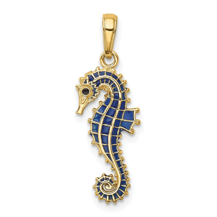 14k Yellow Gold Solid 3-Dimensional Textured Polished Blue Enameled Finish Men's Seahorse Charm Pendant