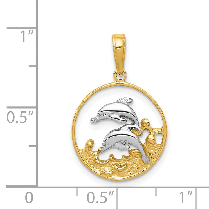 14k Yellow Gold White Rhodium Textured Polished Finish Solid Double Dolphin Swimming Circle Design Charm Pendant